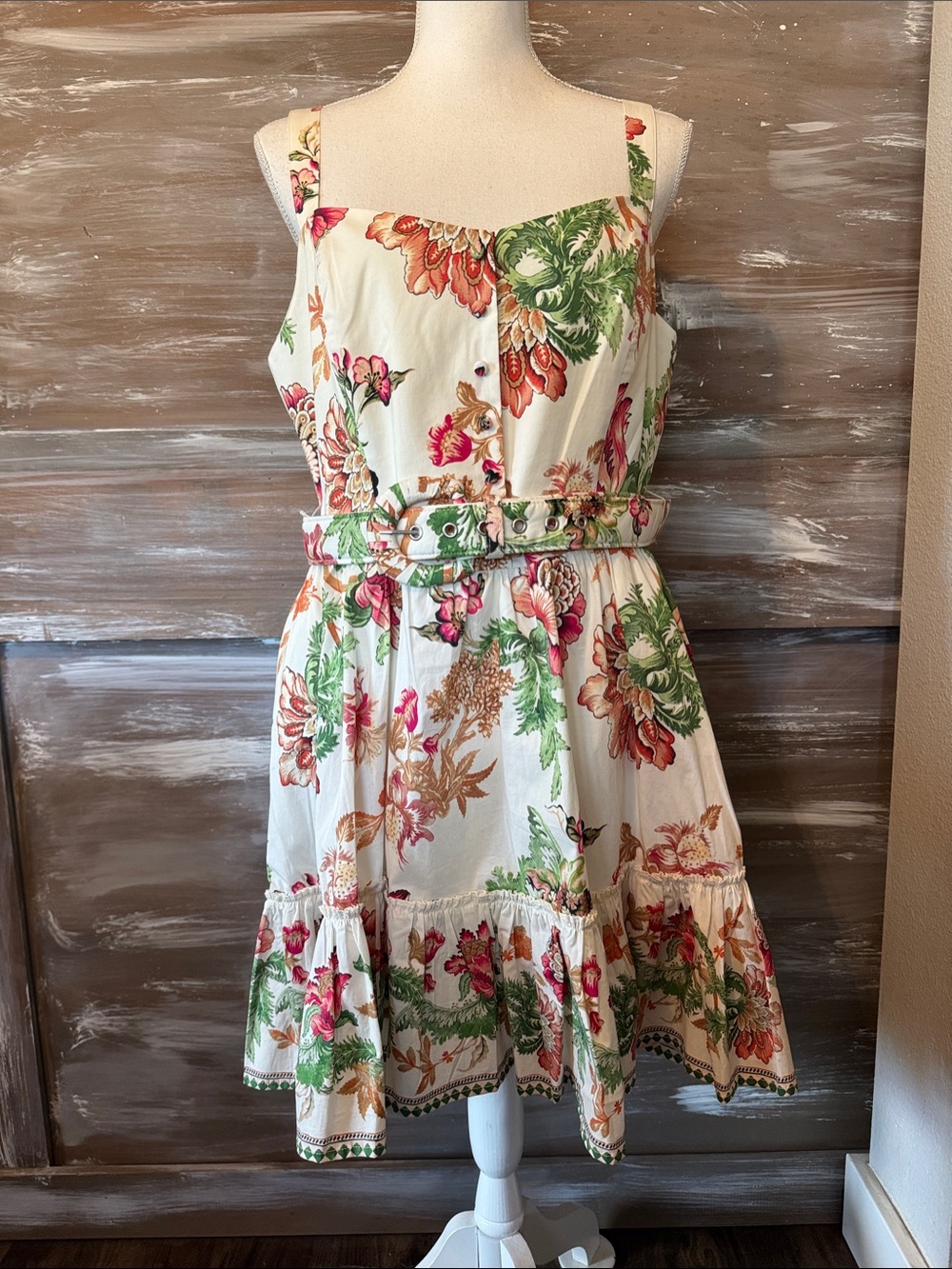 Caroline Constas Cream Floral Belted Mini Dress with Green & Pink Accents Size L